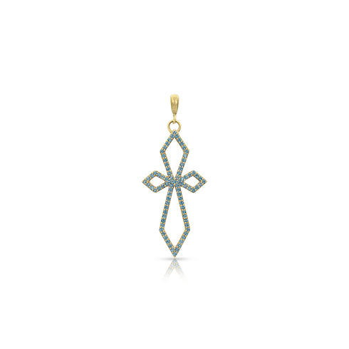 Dominique Cohen delicate art deco cross with hinge bail<br>in blue diamonds and 18k yellow gold <span class='visuallyhidden'>Text, call 323-404-2959 for shopping help.</span>